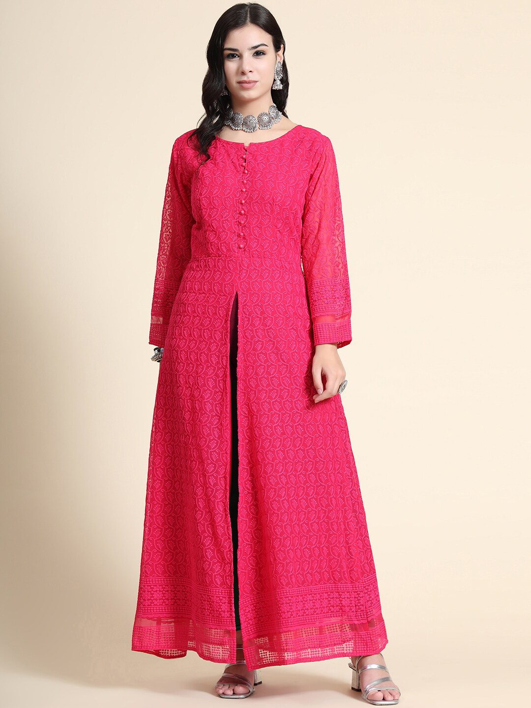 

BLACK SCISSOR Ethnic Motif Embroidered Georgette A-Line Kurta, Pink