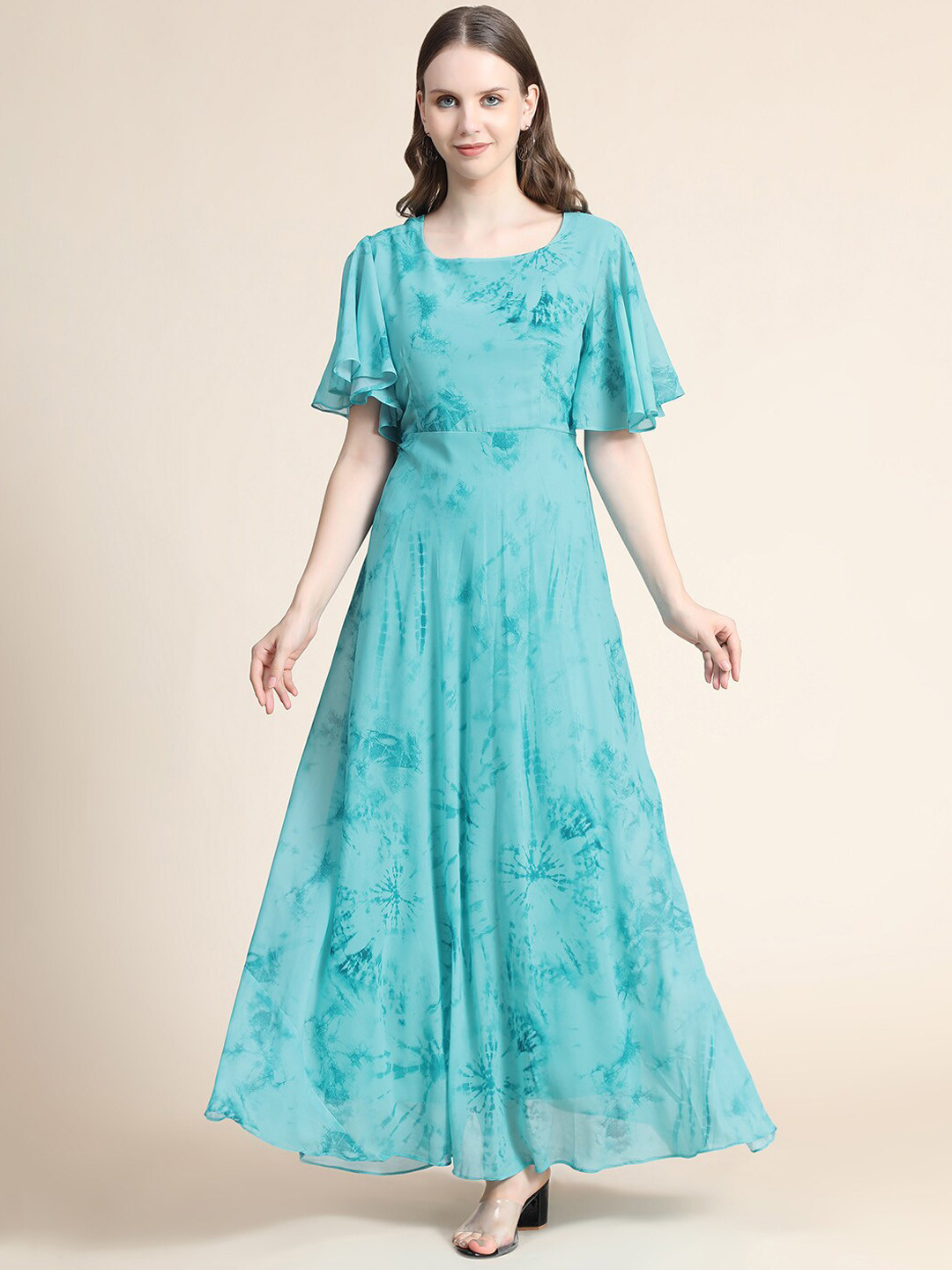 

BLACK SCISSOR Tie and Dye Printed Flared Sleeves Fit & Flare Maxi Dress, Blue