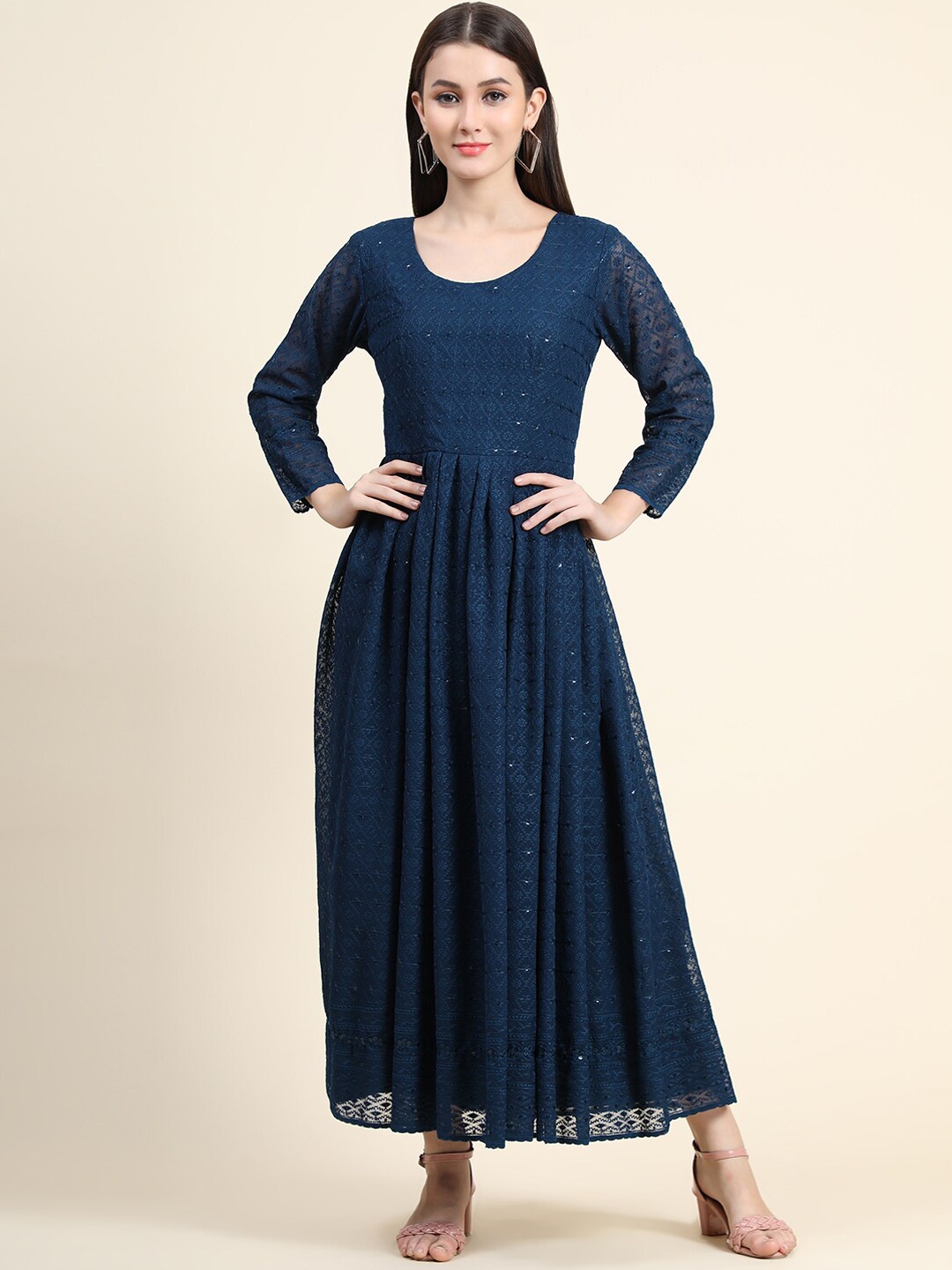 

BLACK SCISSOR Ethnic Motifs Embroidered Sequinned Maxi Ethnic Dresses, Turquoise blue