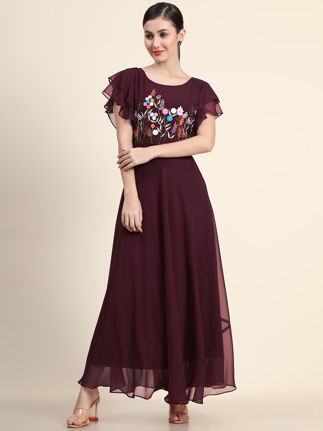 

BLACK SCISSOR Floral Embroidered Ethnic Maxi Dress, Burgundy