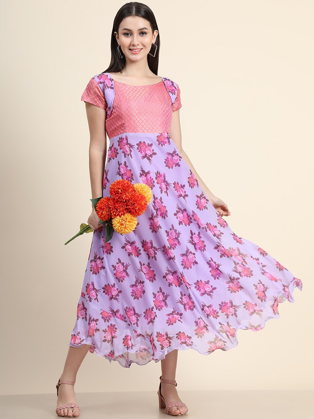 

BLACK SCISSOR Floral Printed Fit & Flare Silk Midi Ethnic Dress, Purple
