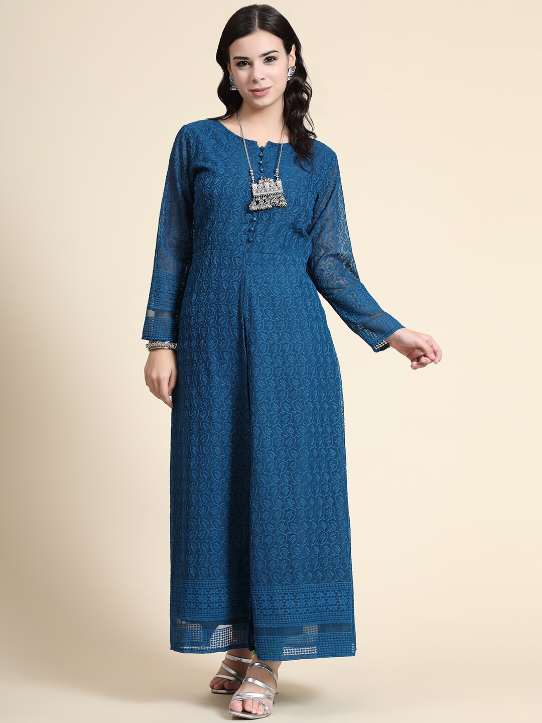 

BLACK SCISSOR Ethnic Motifs Embroidered Georgette A Line Kurta, Teal