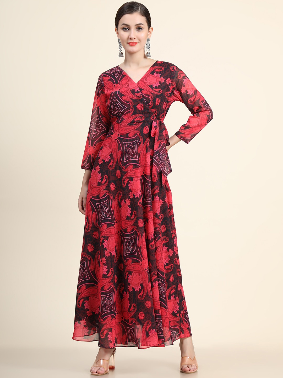 

BLACK SCISSOR Ethnic Motifs Printed Georgette Wrap Maxi Ethnic Dresses, Pink