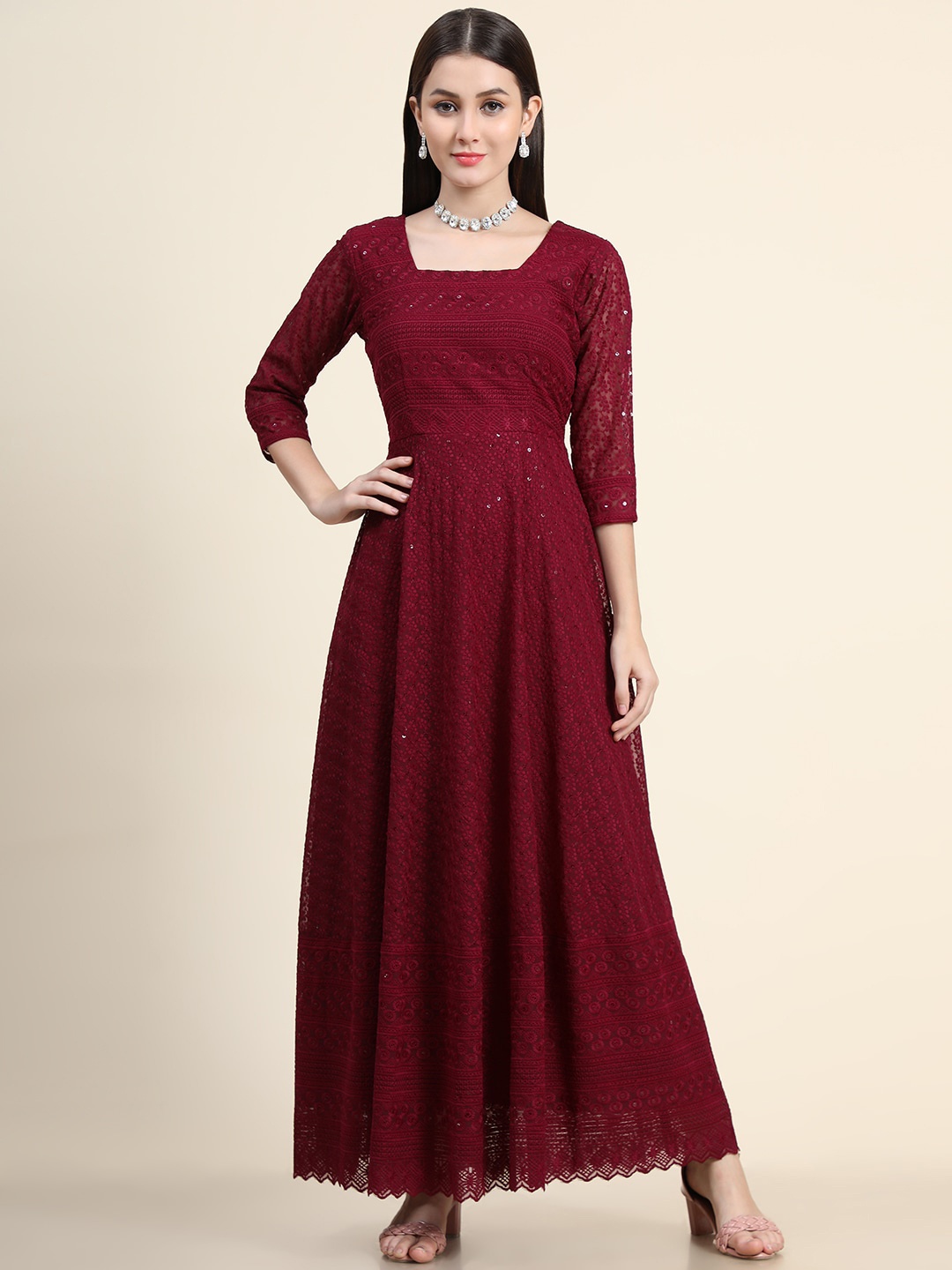 

BLACK SCISSOR Ethnic Motifs Printed Maxi Gown Ethnic Dress, Maroon