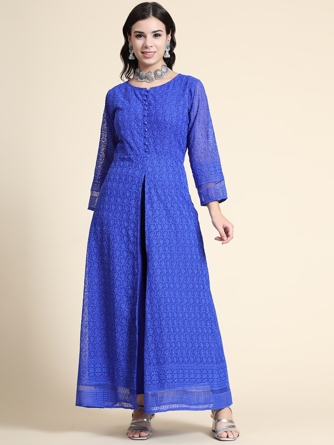 

BLACK SCISSOR Floral Embroidered Front Slit Georgette A-Line Kurta, Blue
