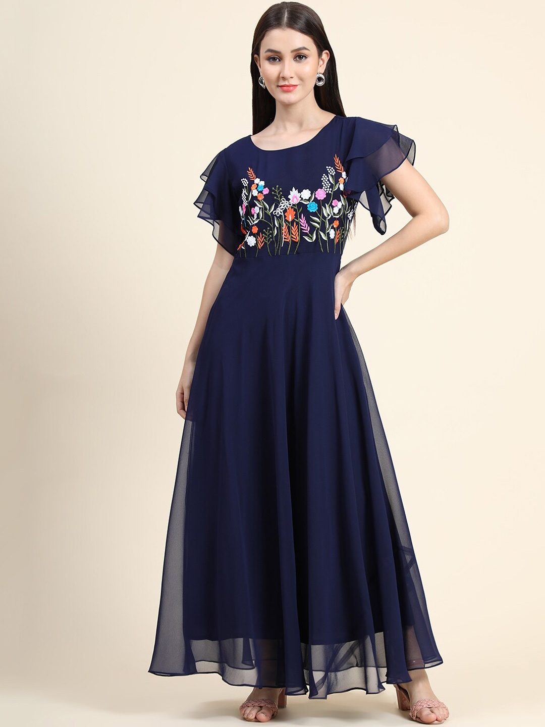 

BLACK SCISSOR Embroidered Printed Maxi Gown Ethnic Dress, Navy blue