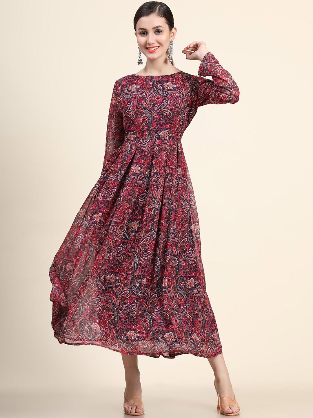 

BLACK SCISSOR Ethnic Motifs Printed Gathered Or Pleated Georgette A Line Midi Ethnic Dress, Burgundy