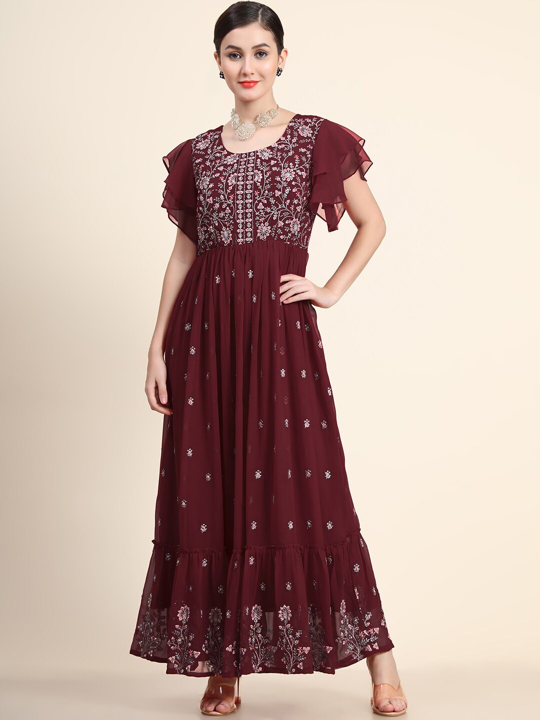 

BLACK SCISSOR Floral Embroidered Fit and Flare Maxi Ethnic Dress, Maroon