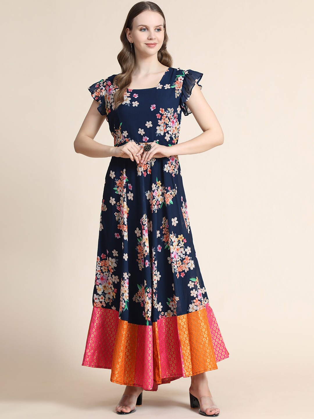 

BLACK SCISSOR Floral Printed Maxi Dress Ethnic Dresses, Navy blue