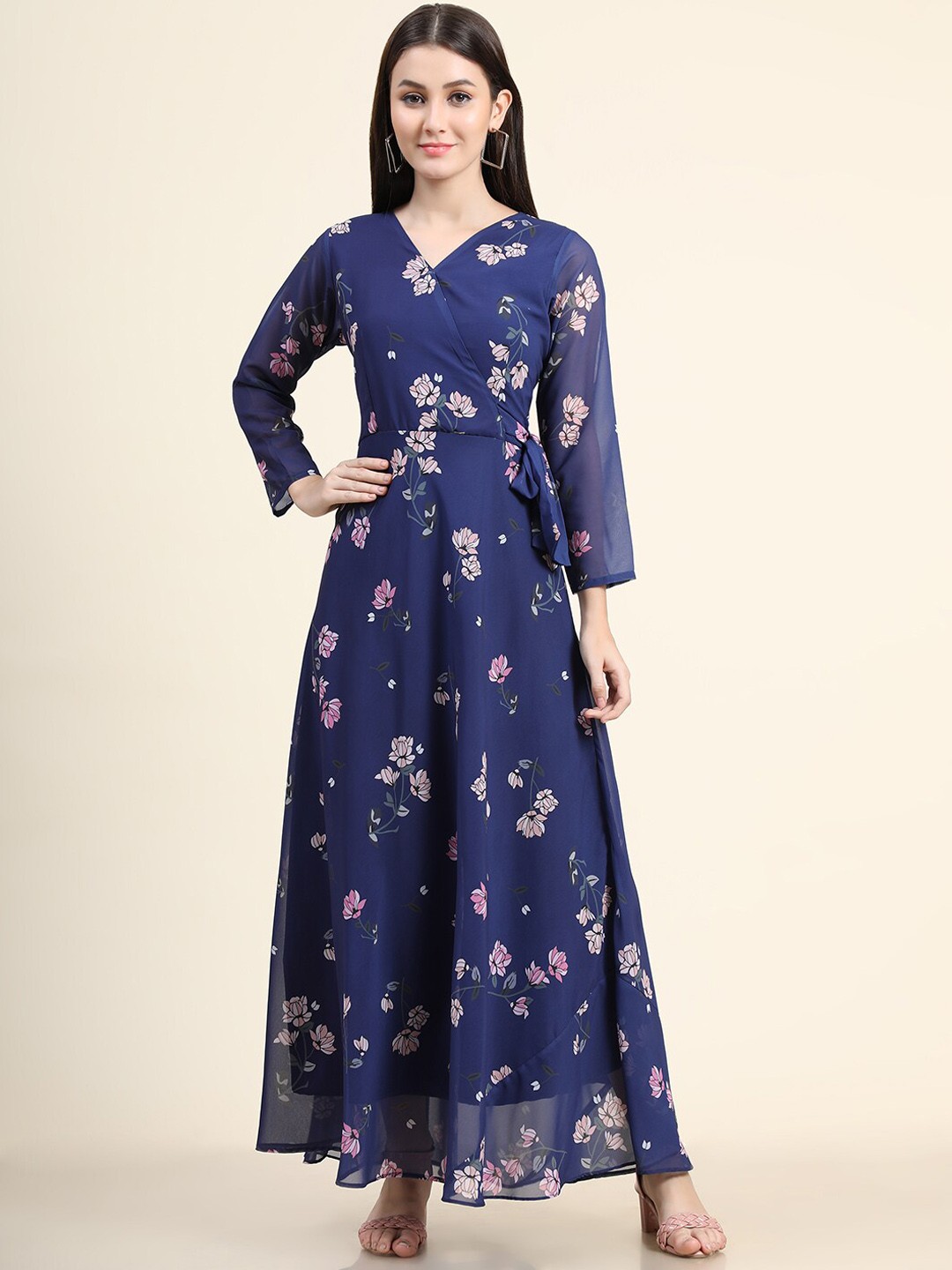 

BLACK SCISSOR Floral Printed Maxi Wrap Ethnic Dresses, Navy blue