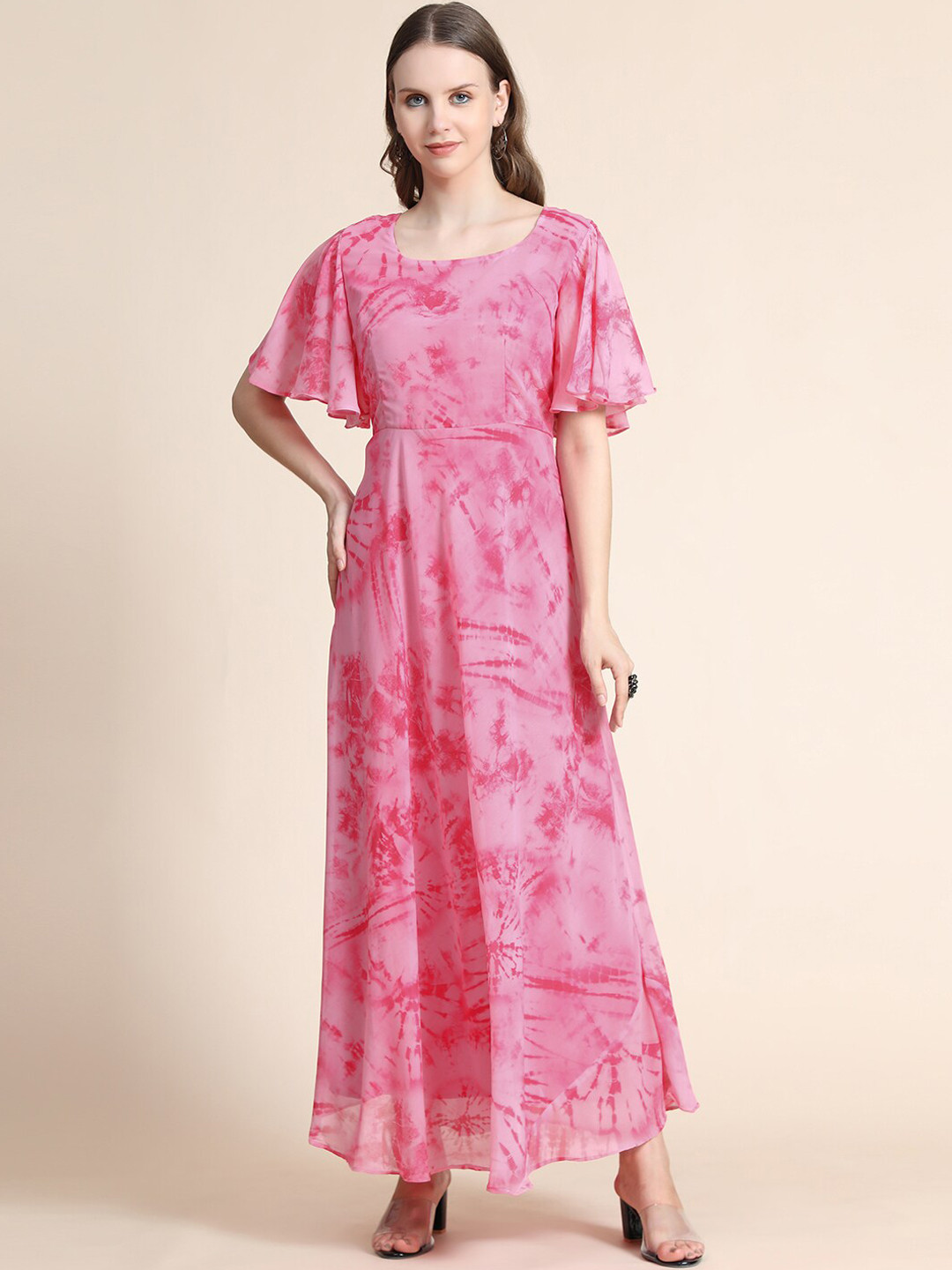 

BLACK SCISSOR Abstract Printed Flutter Sleeves Georgette Fit & Flared Maxi Dress, Pink