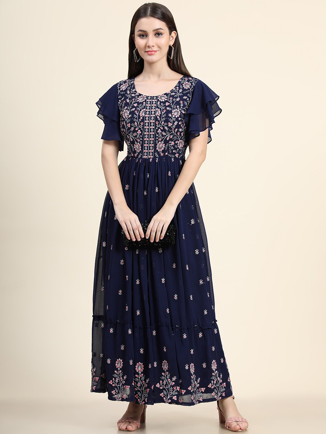 

BLACK SCISSOR Floral Embroidered Georgette Maxi Ethnic Dresses, Navy blue