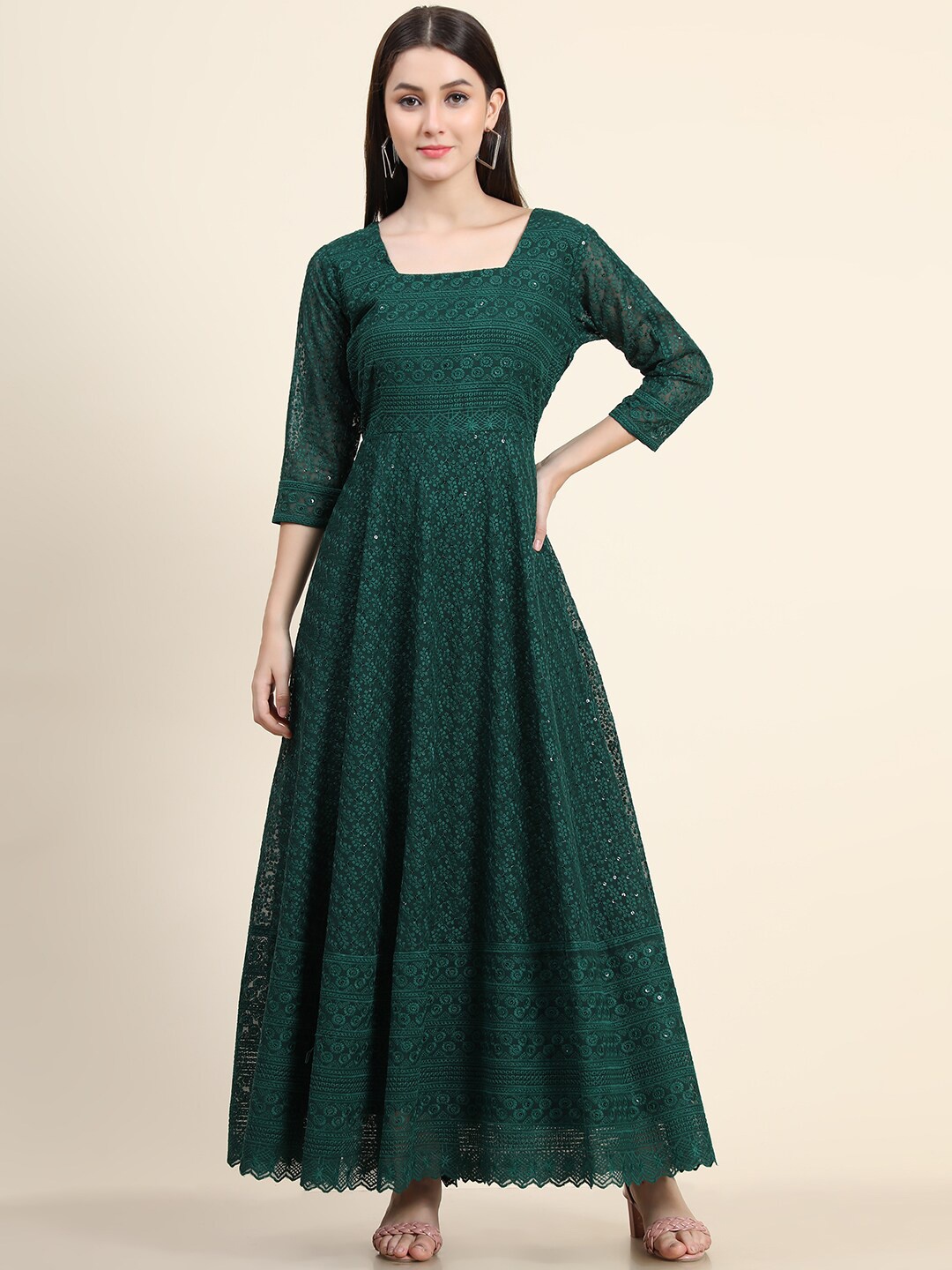 

BLACK SCISSOR Ethnic Motifs Embroidered Maxi Fit and Flare Ethnic Dress, Green