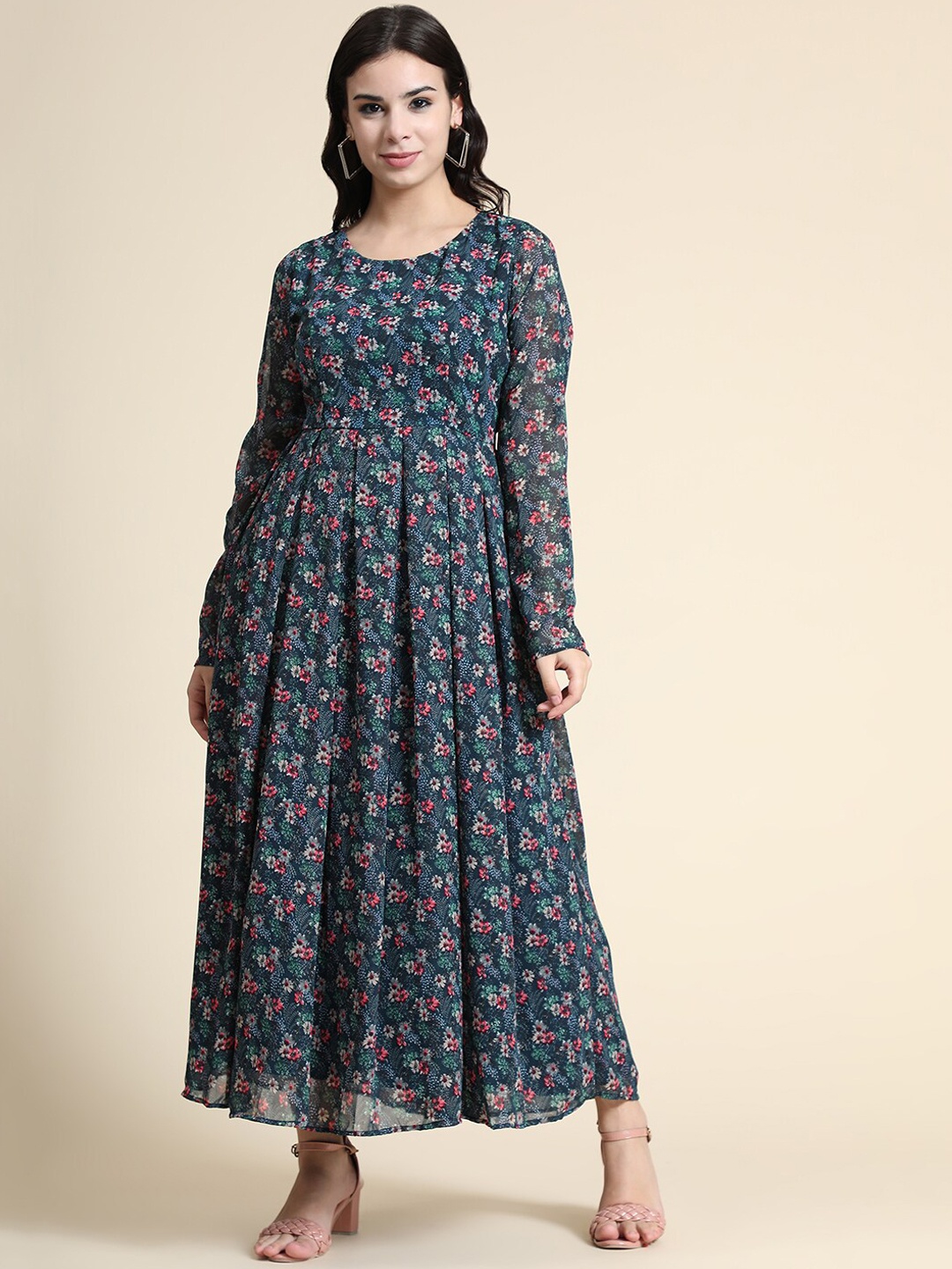

BLACK SCISSOR Floral Printed Gathered Or Pleated Georgette Maxi Ethnic Dress, Green