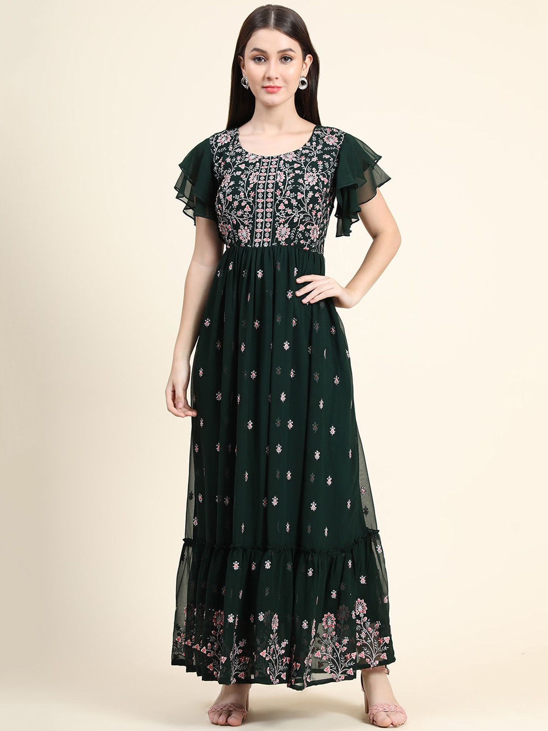 

BLACK SCISSOR Floral Printed Flutter Sleeve Maxi Fit and Flare Ethnic Dress, Green