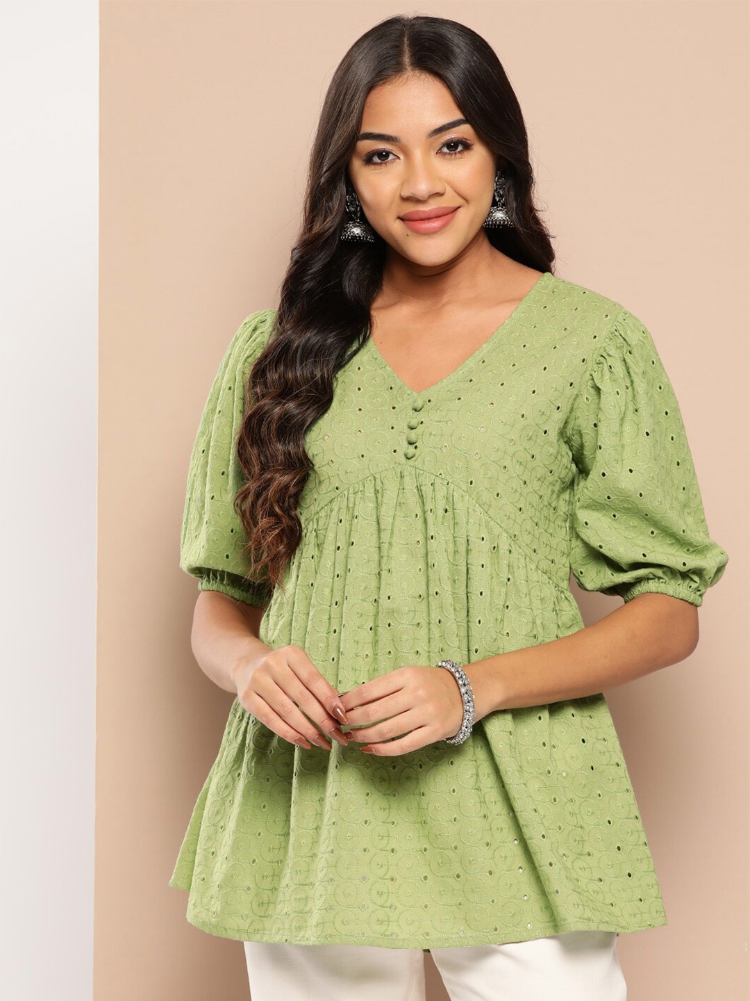 

Yufta Green Self Design Puffed Sleeves Pure Cotton Empire Top