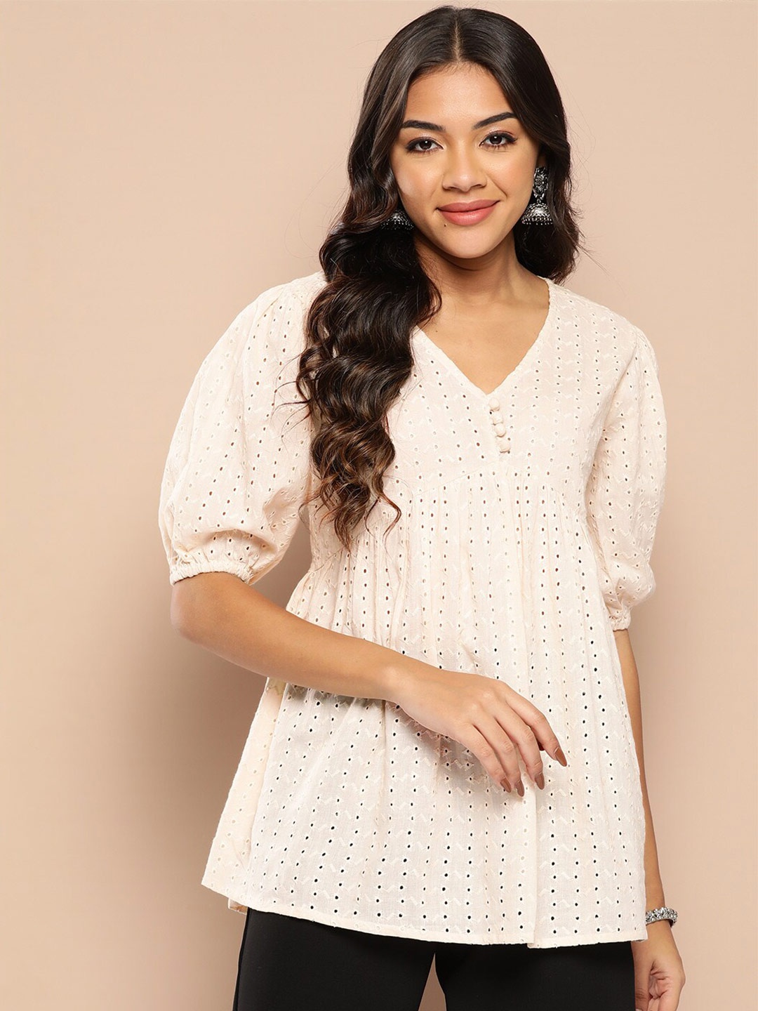 

Yufta Cream-Coloured Self Design Puffed Sleeves Pure Cotton Empire Top