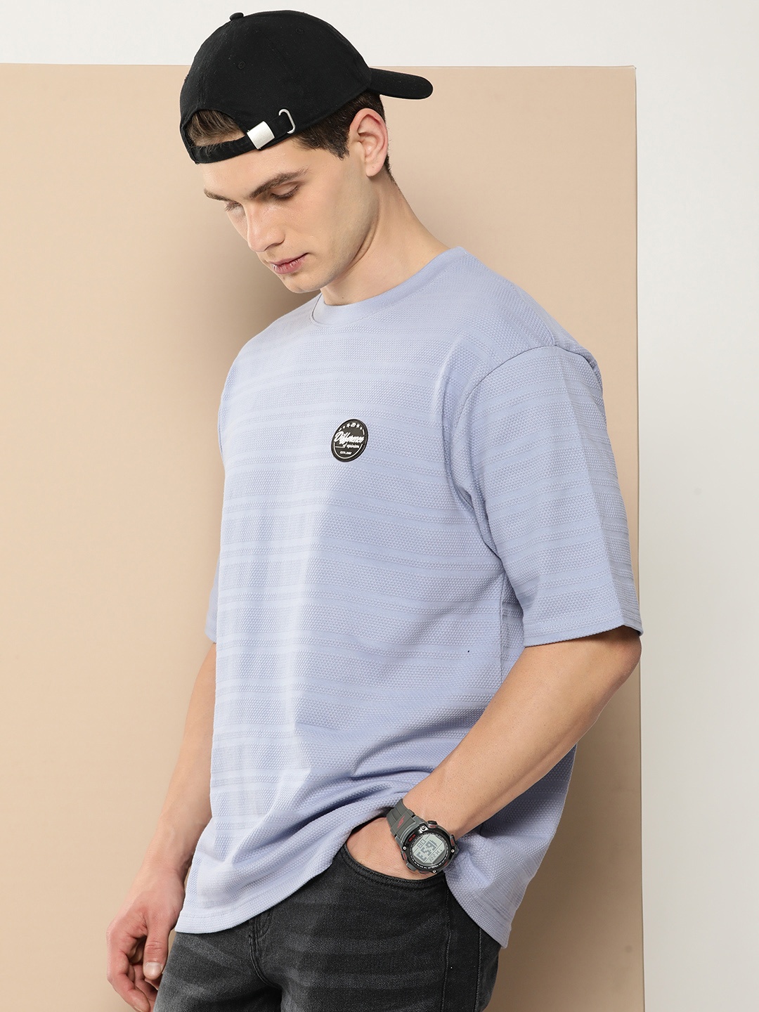 

Difference of Opinion Men Self Design Applique Oversized T-shirt, Purple
