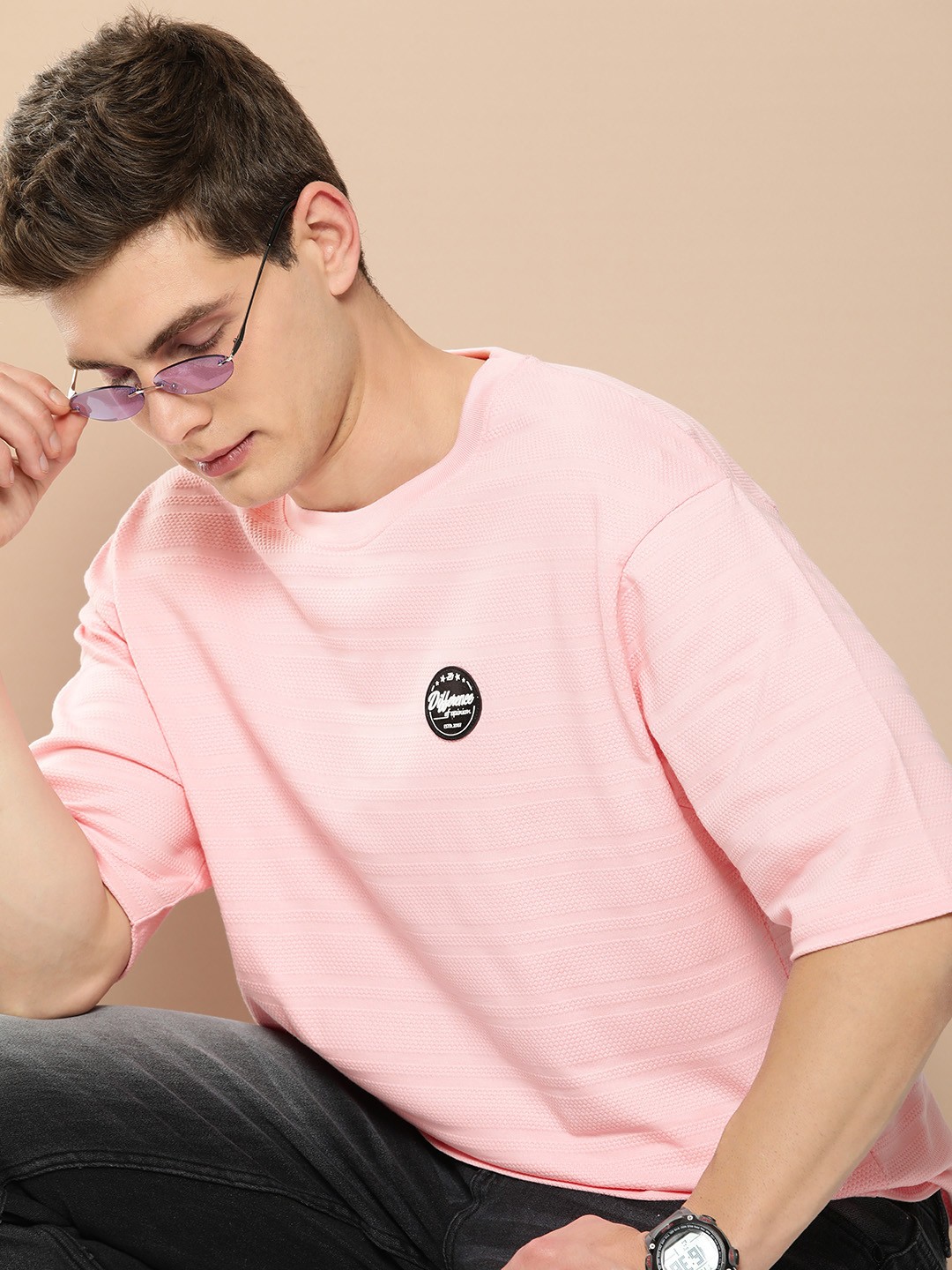 

Difference of Opinion Men Self Design Applique Oversized T-shirt, Pink