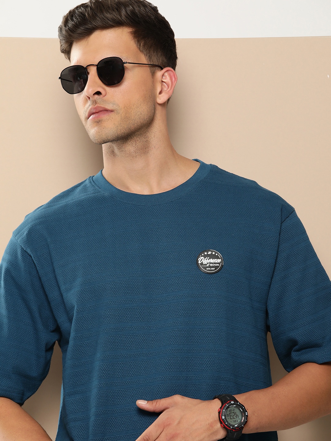 

Difference of Opinion Men Self Design Applique Oversized T-shirt, Blue