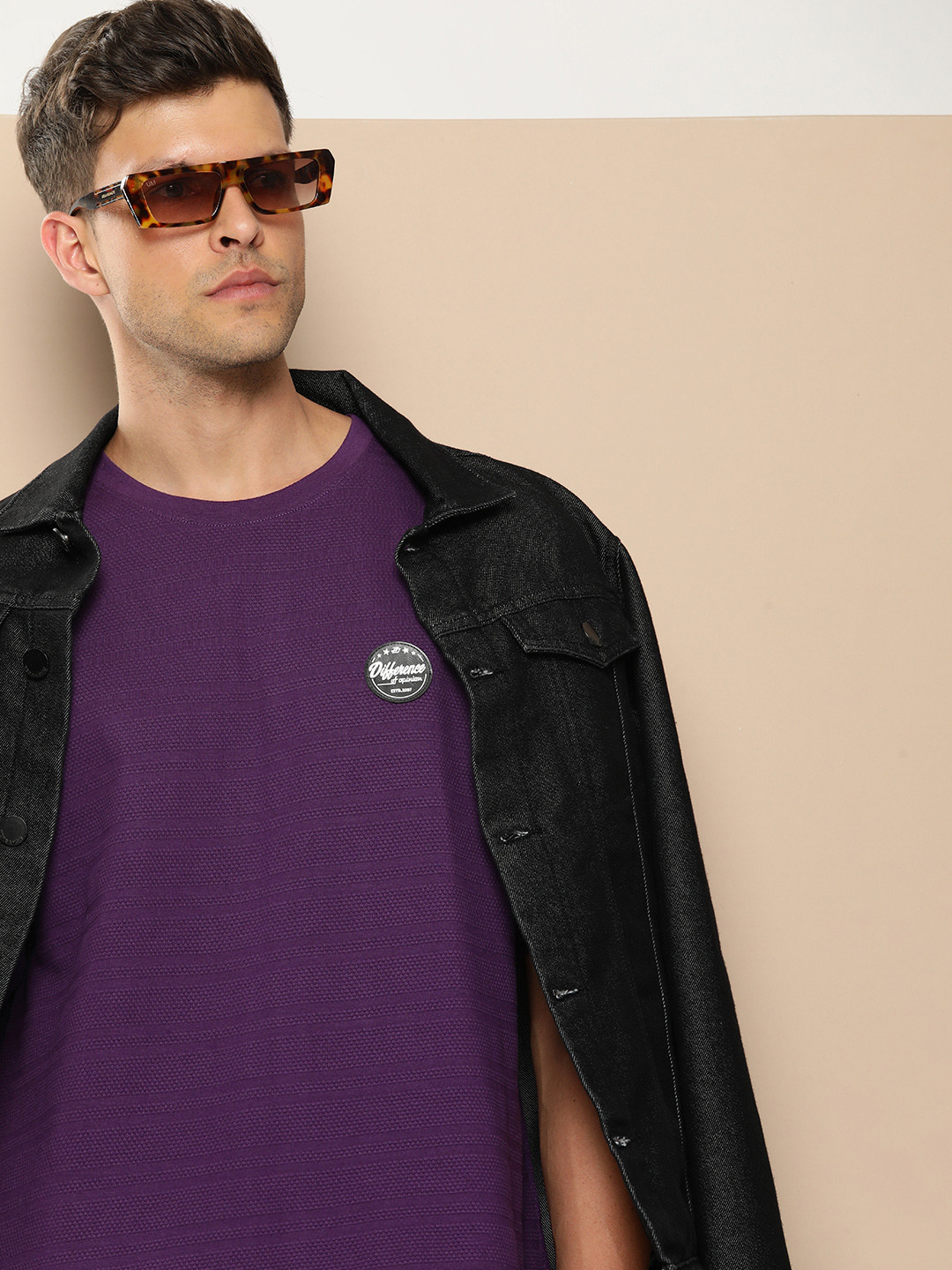 

Difference of Opinion Men Self Design Applique Oversized T-shirt, Purple