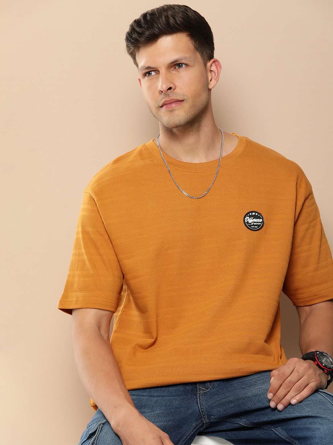 Difference of Opinion Men Self Design Applique Oversized T-shirt, Brown