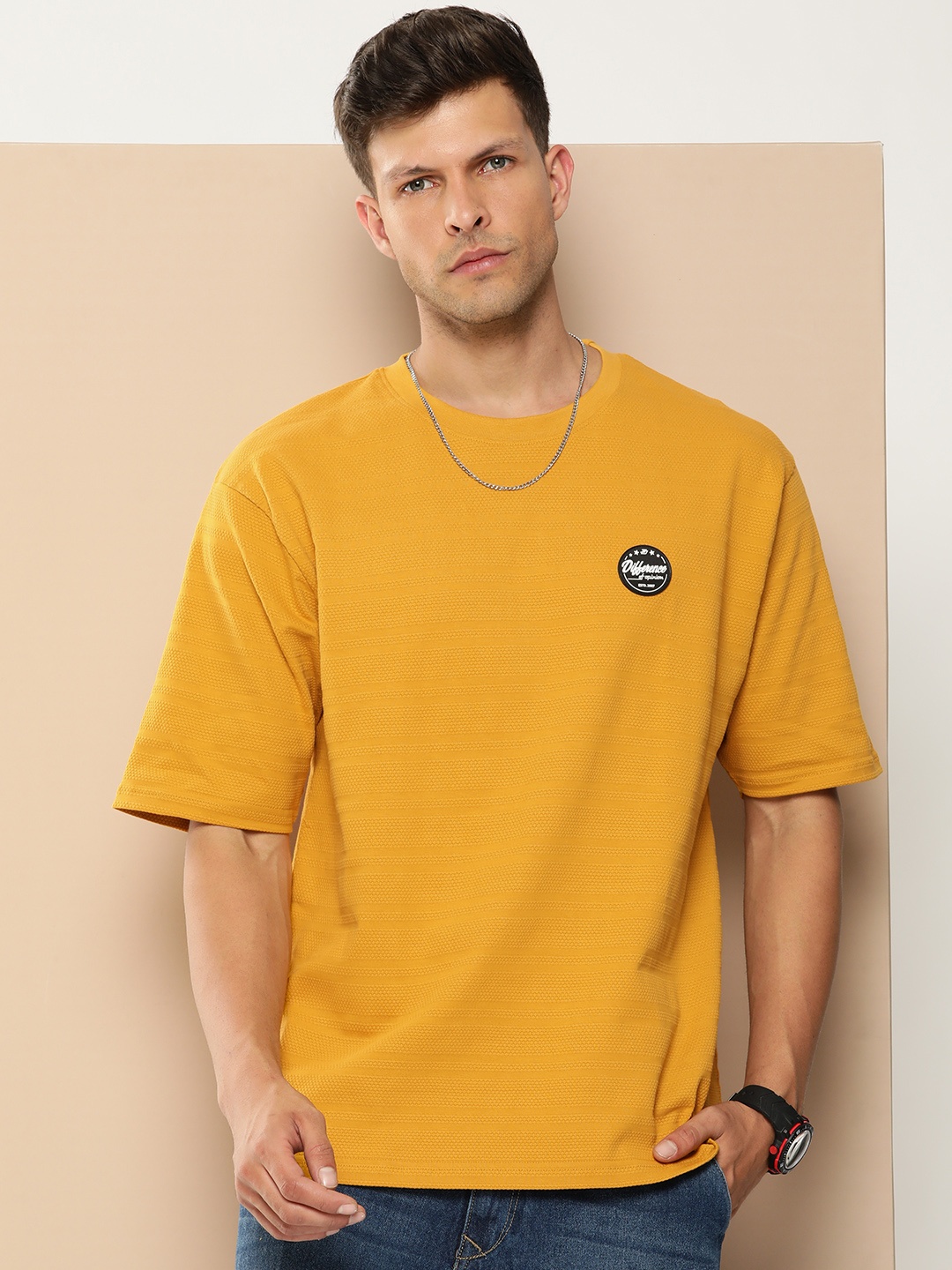 

Difference of Opinion Men Self Design Applique Oversized T-shirt, Mustard
