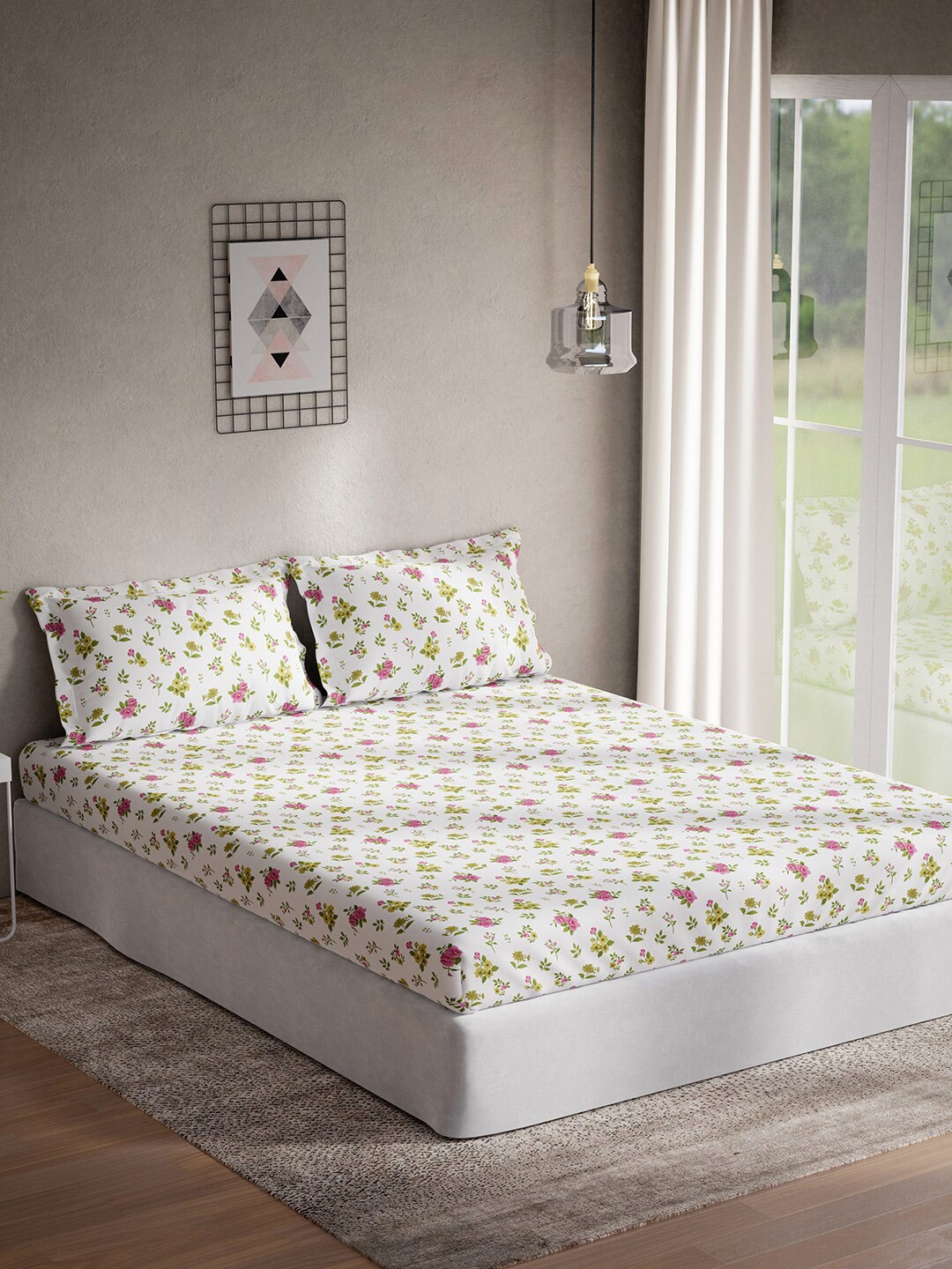 

DDecor Pink & White Floral Cotton 144 TC King Bedsheet With 2 Pillow Covers