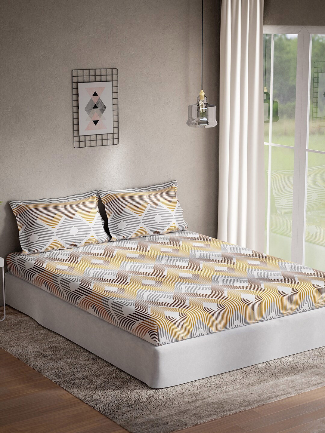 

DDecor Brown & Grey Geometric Cotton 144 TC Queen Bedsheet With 2 Pillow Covers