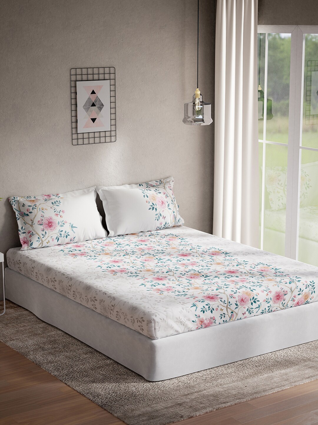 

DDecor Pink & White Floral Cotton 144 TC Queen Bedsheet With 2 Pillow Covers