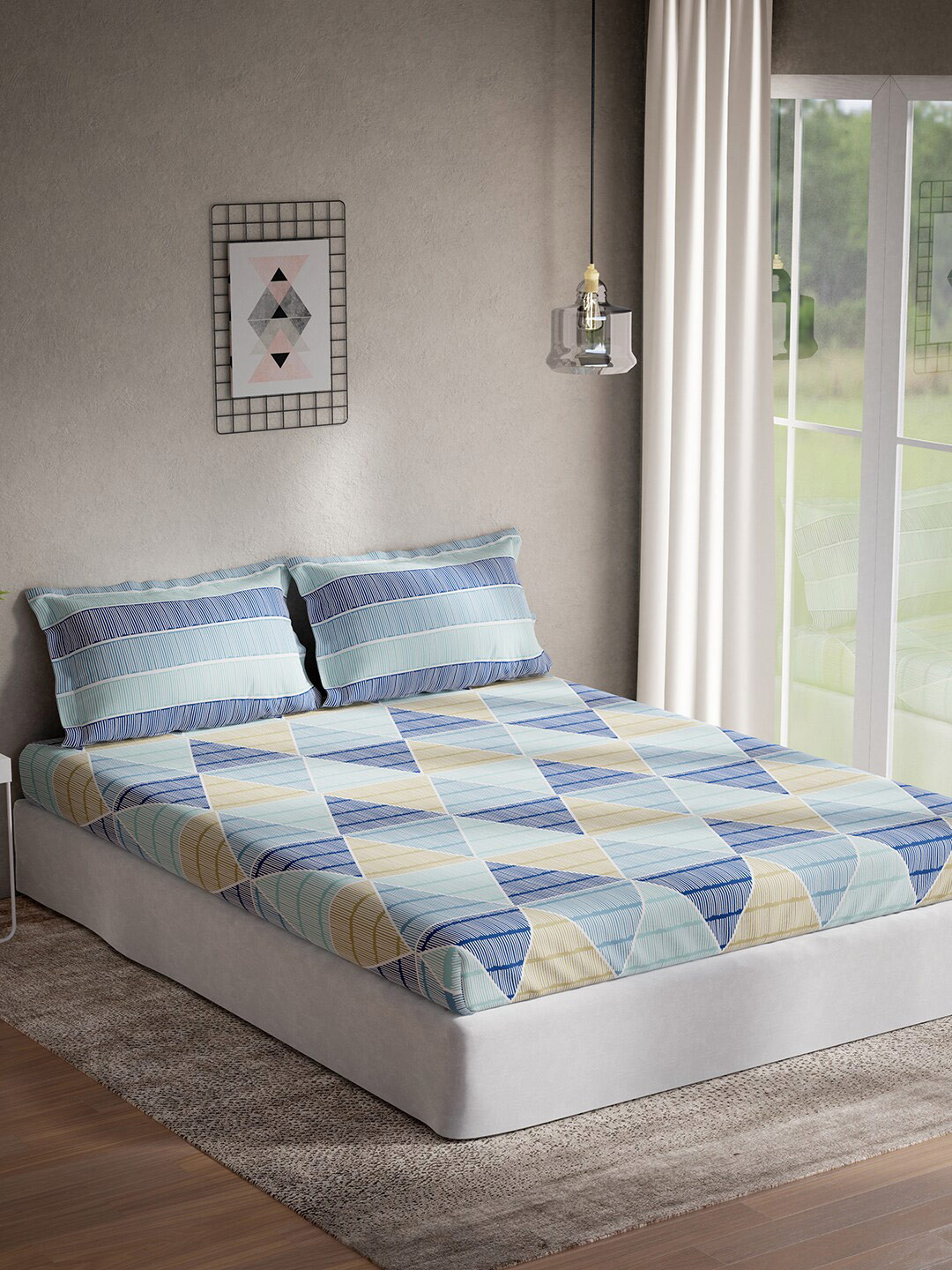 

DDecor Blue & Beige Geometric Cotton 144 TC Queen Bedsheet With 2 Pillow Covers
