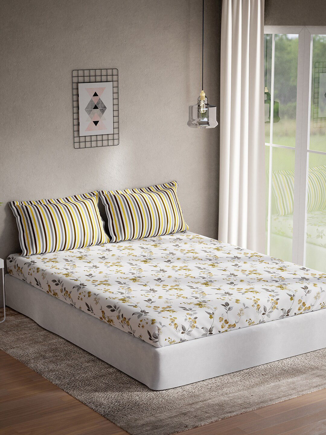 

DDecor Yellow & White Floral Cotton 144 TC Queen Bedsheet With 2 Pillow Covers