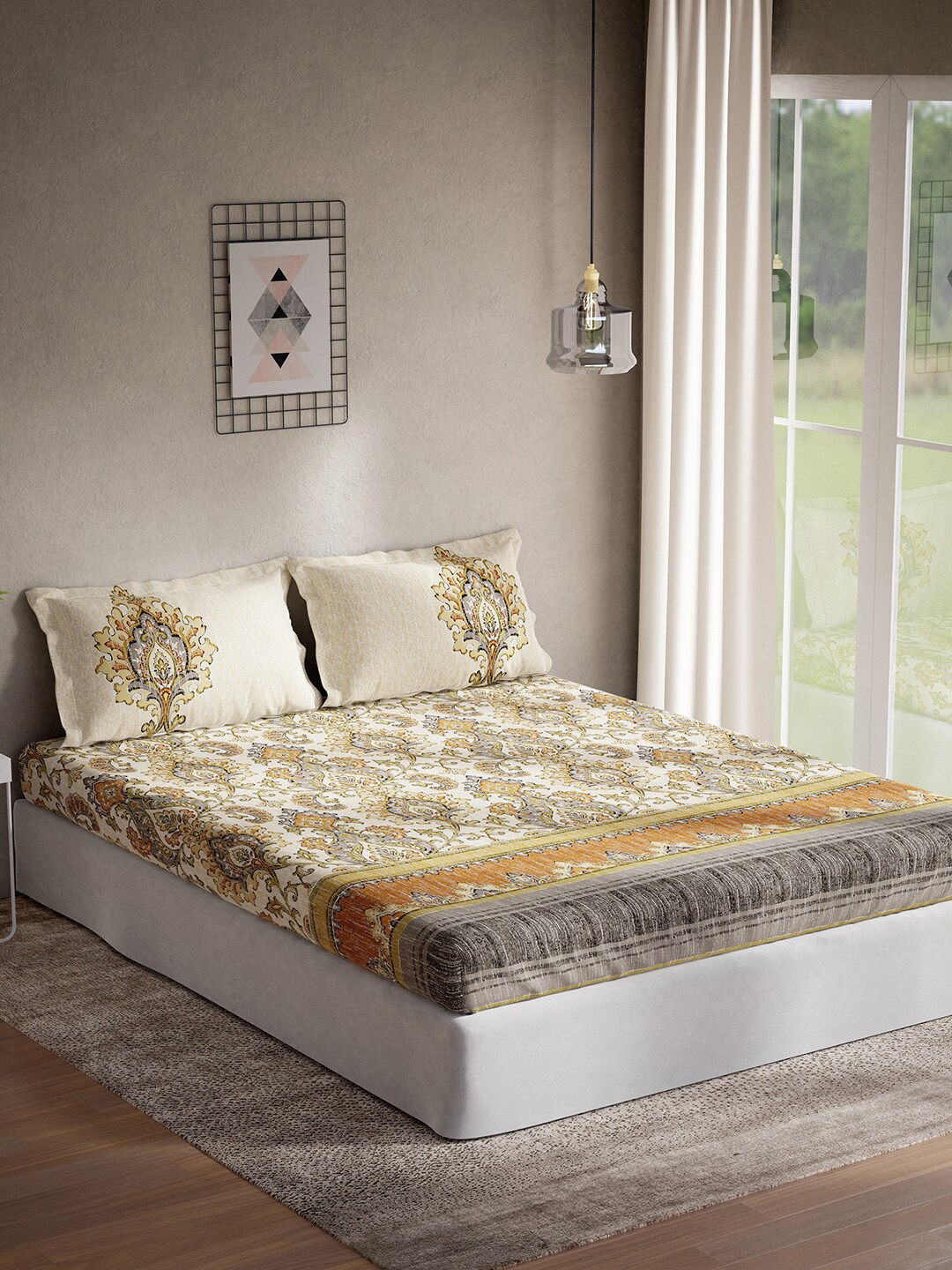 

DDecor Yellow & White Ethnic Motifs Cotton 144 TC Queen Bedsheet With 2 Pillow Covers