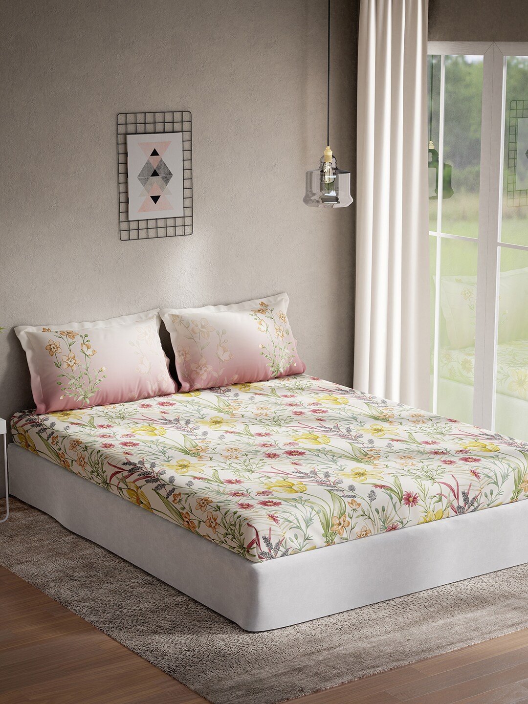 

DDecor Yellow & Green Floral Cotton 144 TC Queen Bedsheet With 2 Pillow Covers
