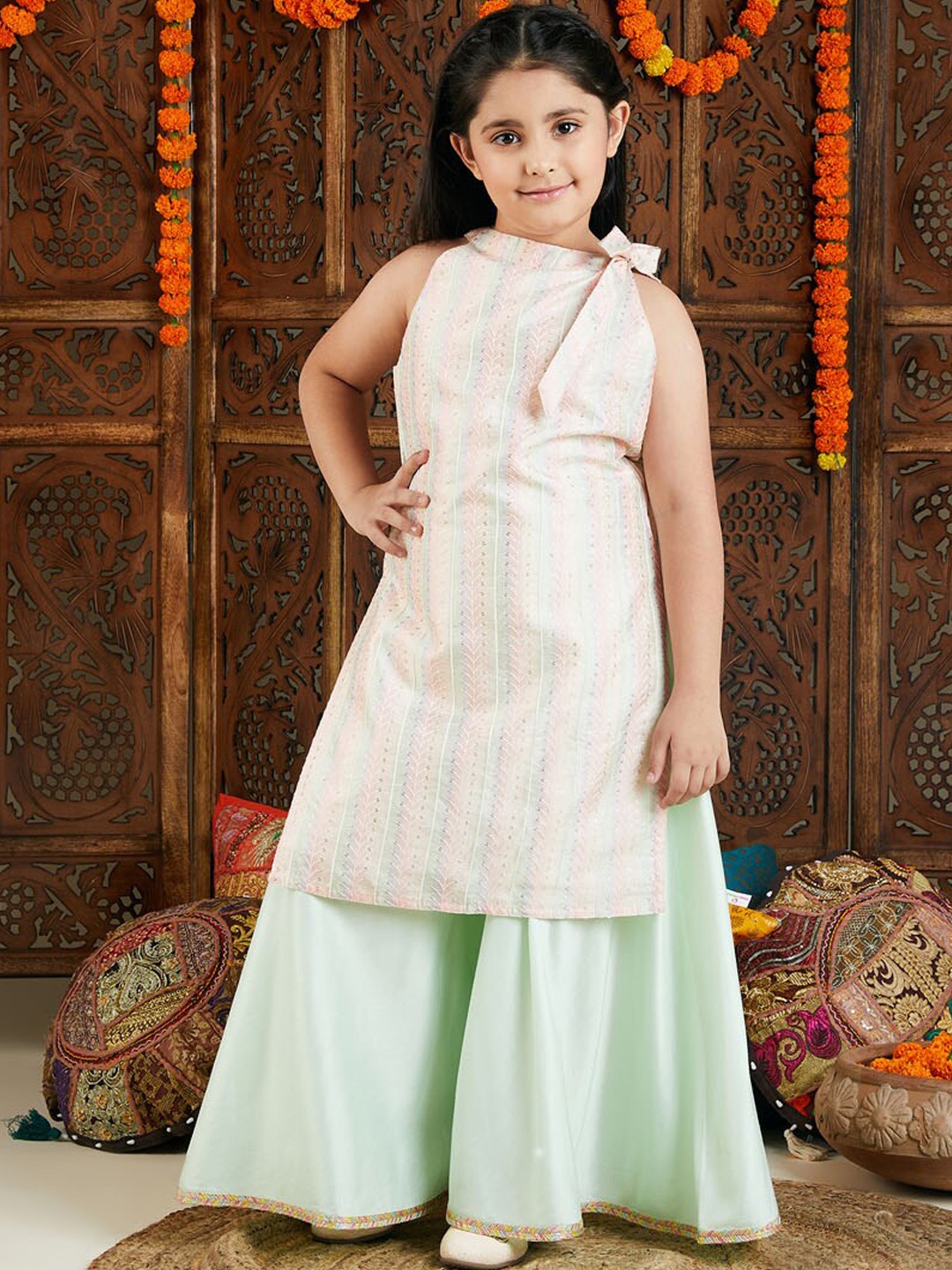 

VASTRAMAY Girls Striped Sequinned Kurta with Palazzos, Pink