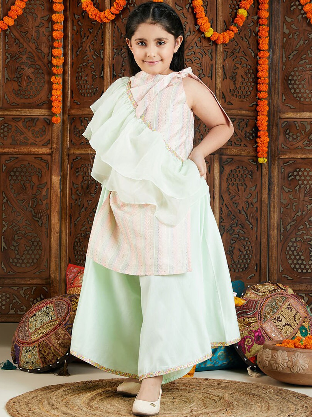 

VASTRAMAY Ethnic Motifs Embroidered Sequinned Kurta With Palazzos & Dupatta, Pink