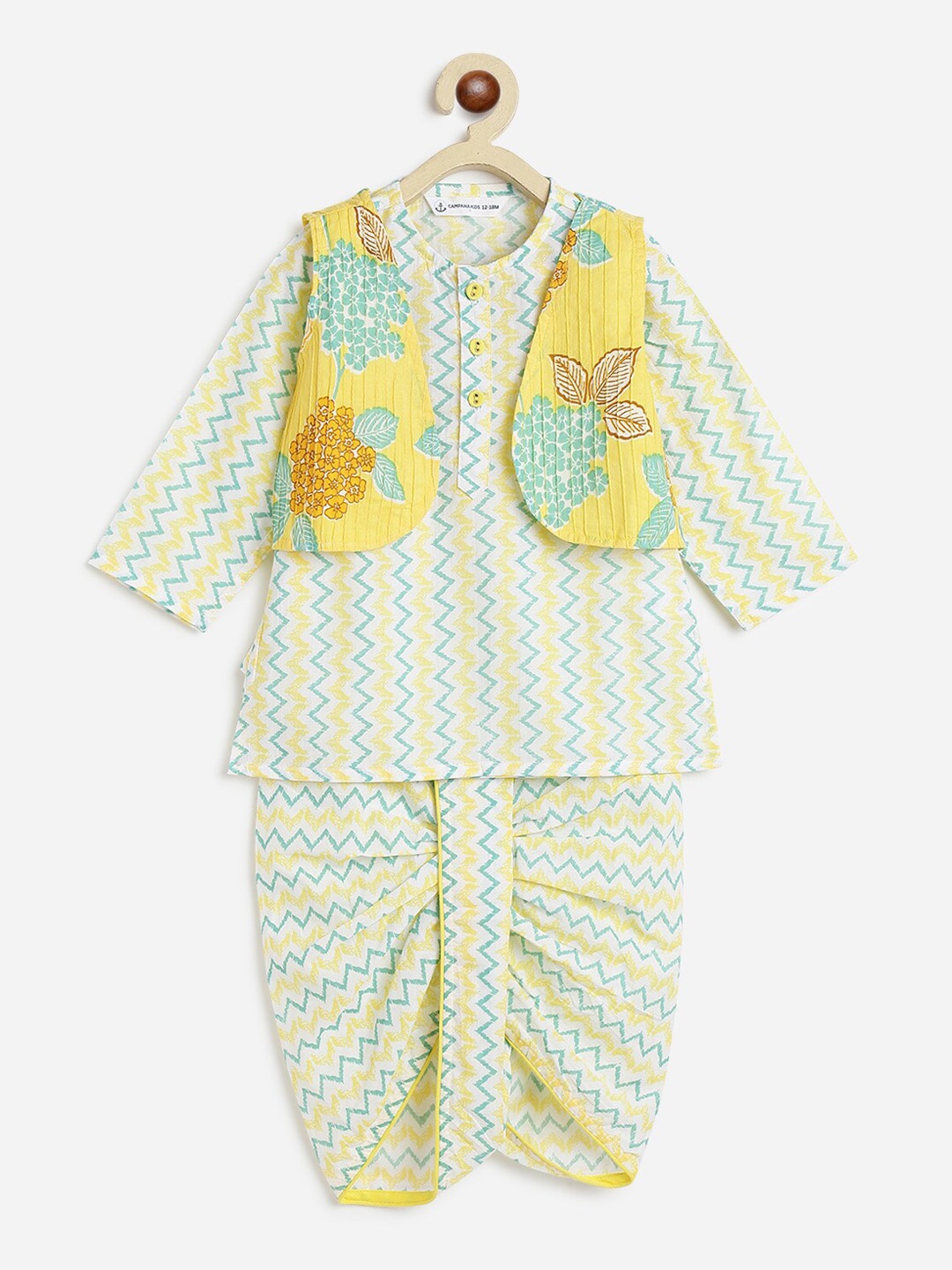 

Campana Boys Chevron Printed Pure Cotton Kurta with Dhoti Pants & Jacket, White