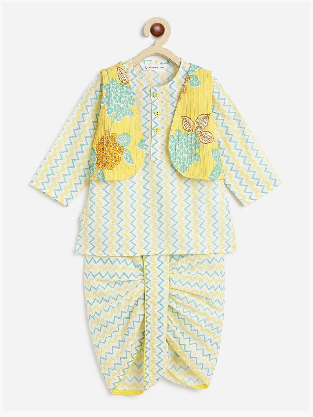 

Campana Boys Chevron Printed Pure Cotton Kurta with Dhoti Pants & Jacket, White