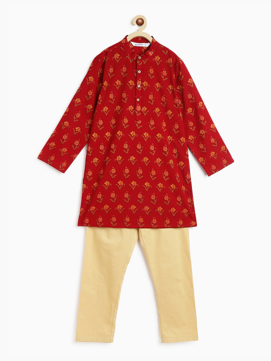 

Campana Boys Ethnic Motifs Printed Straight Pure Cotton Kurta with Pyjamas, Maroon