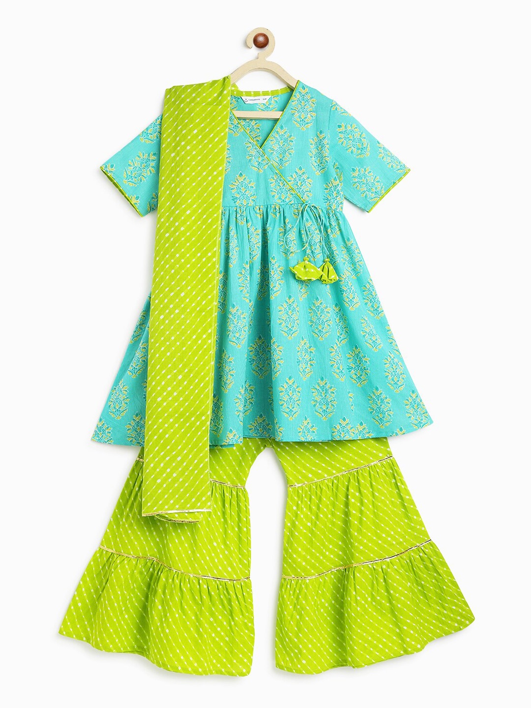 

Campana Girls Ethnic Motifs Printed V-Neck Pure Cotton A-Line Kurta & Sharara With Dupatta, Turquoise blue