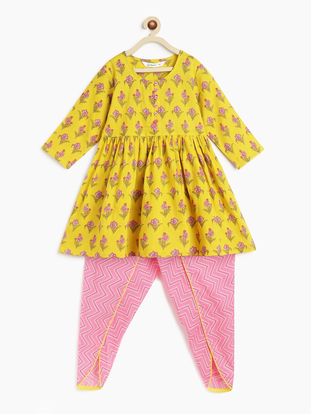 

Campana Girls Ethnic Motifs Printed Pure Cotton A-Line Kurta With Dhoti Pant, Yellow