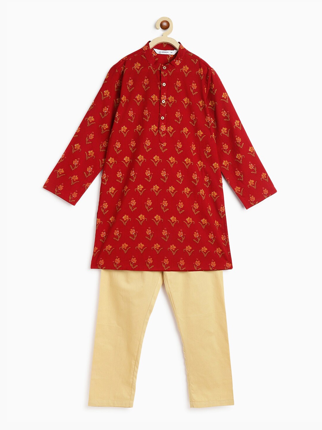 

Campana Boys Floral Printed Band Collar Pure Cotton Straight Kurta with Pyjama, Maroon