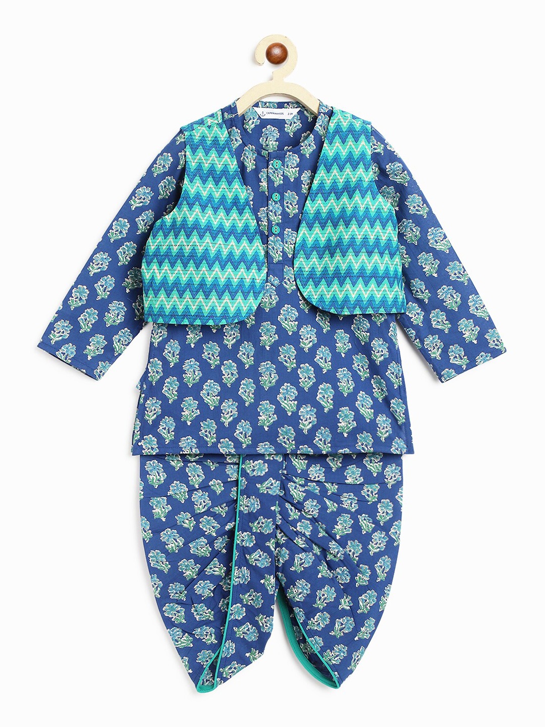 

Campana Boys Ethnic Motifs Printed Pure Cotton Straight Kurta & Dhoti Pant With Jacket, Blue