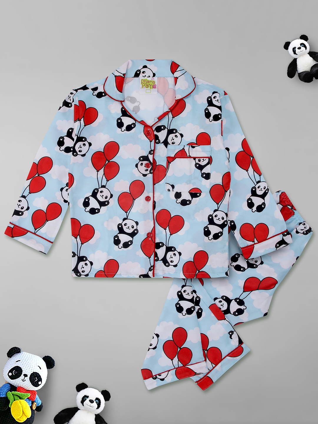 

Pyjama Party Kids Panda Printed Pure Cotton Shirt With Pyjamas, Blue