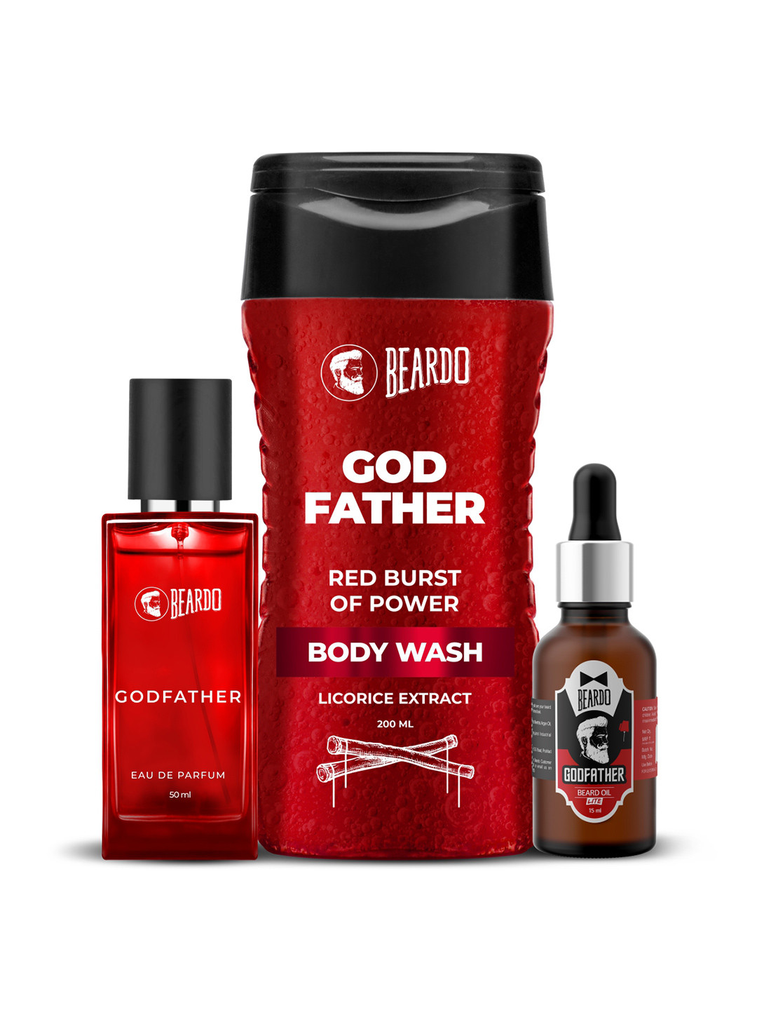 

BEARDO Men Godfather Grooming Combo- Beard Oil 15ml + Body Wash 200ml + Eau de Parfum 50ml, Red