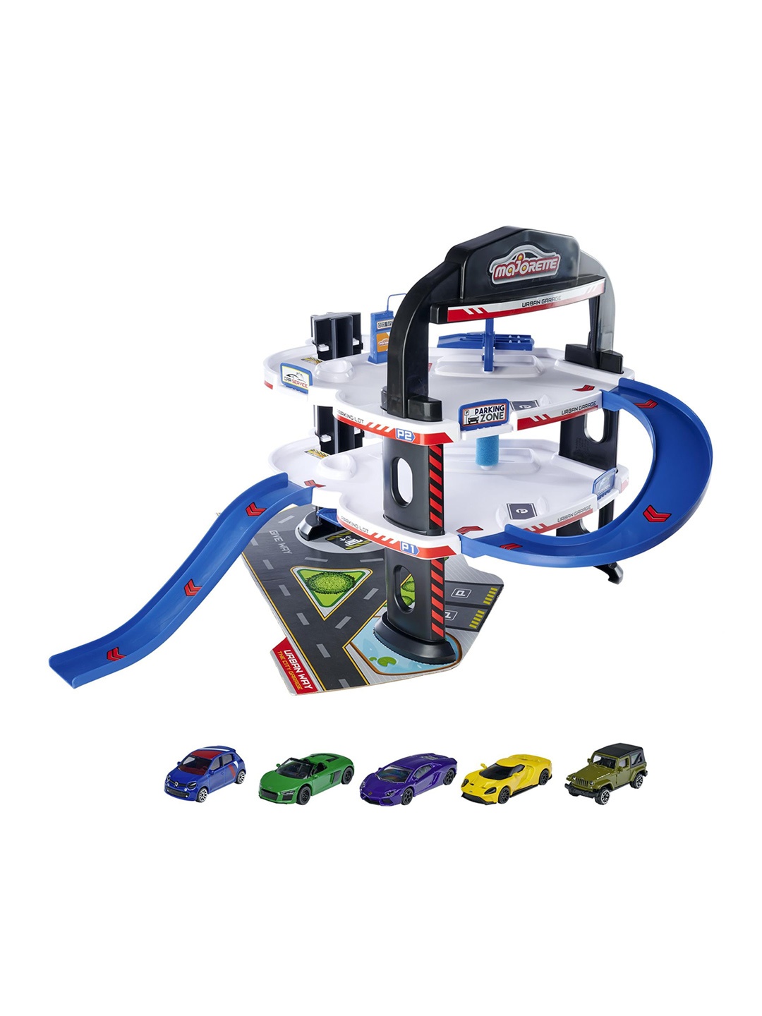 

Majorette Kids Urban Garage With 3 Level Parking & 5 Toy Vehicles, Blue