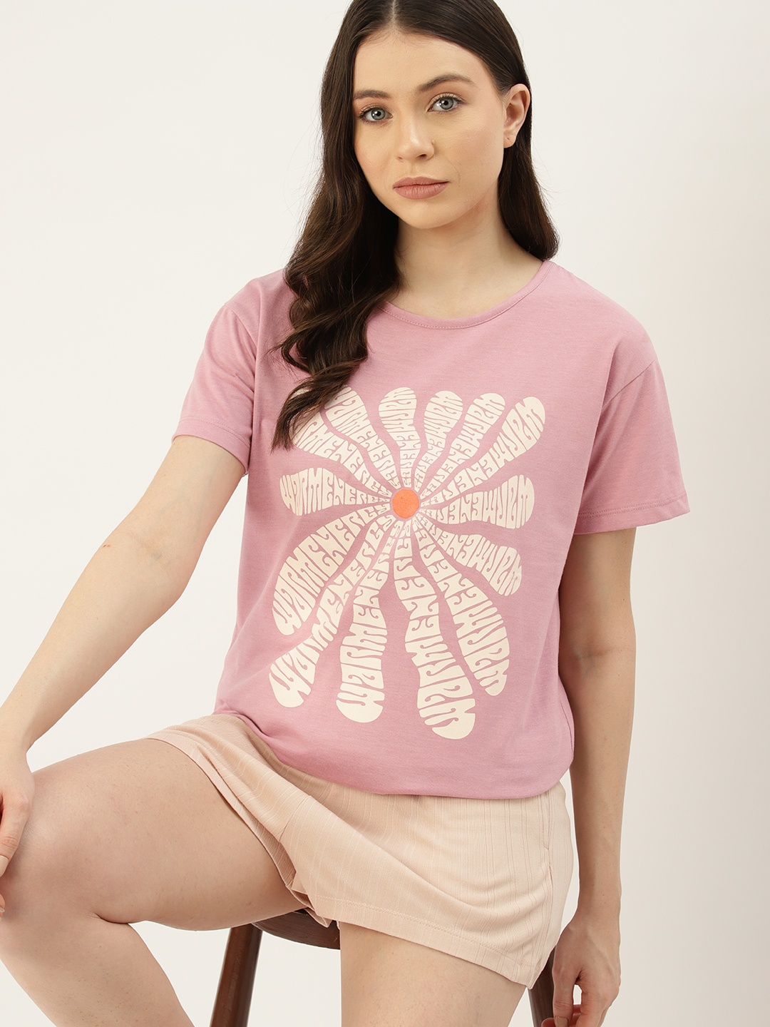 

ETC Women Printed Pure Cotton T-shirt, Pink