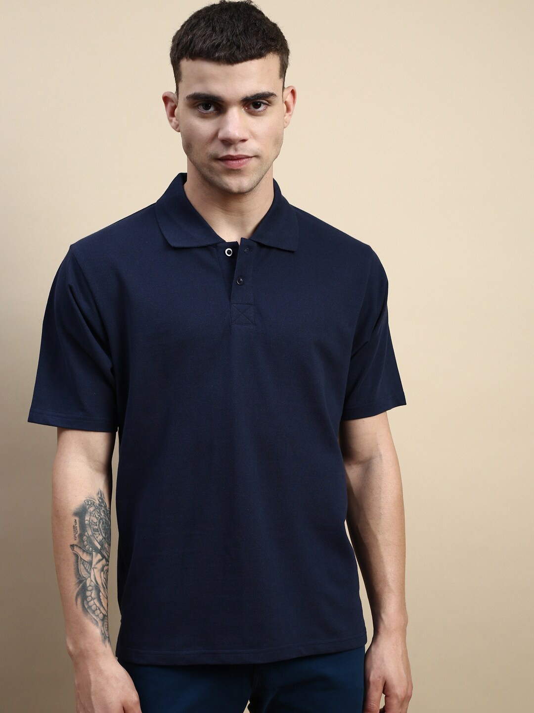 

FREE SOCIETY Polo Collar Pure Cotton Oversized T-shirt, Navy blue