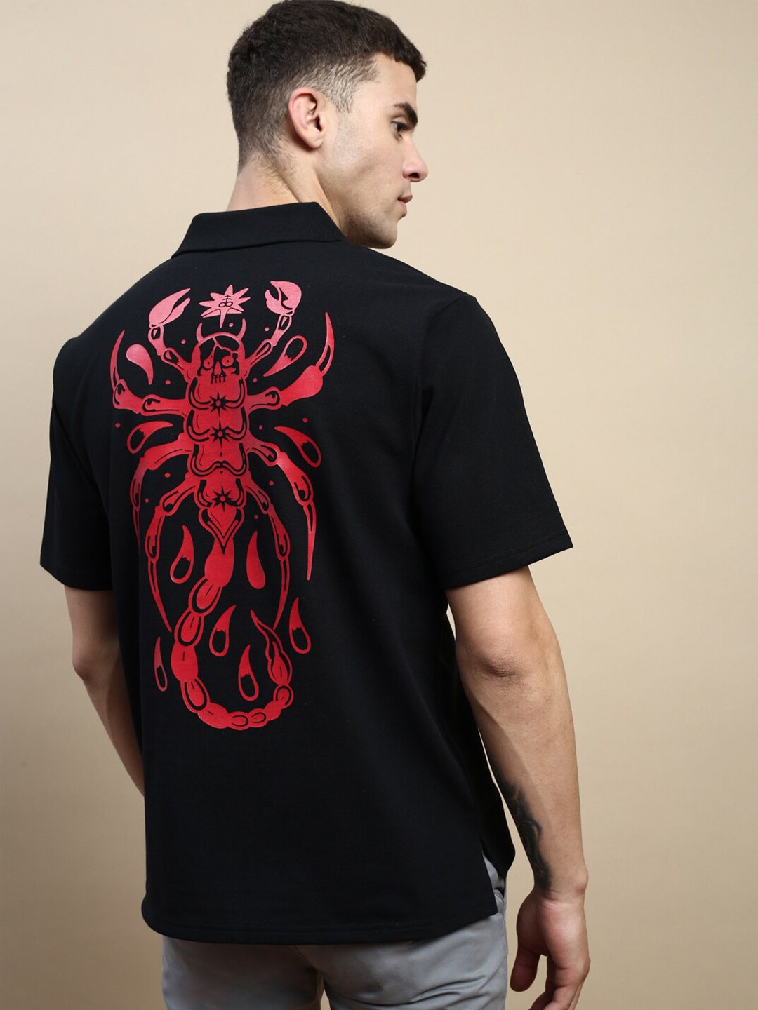 FREE SOCIETY Graphic Printed Polo Collar Pure Cotton Oversized T-shirt, Black
