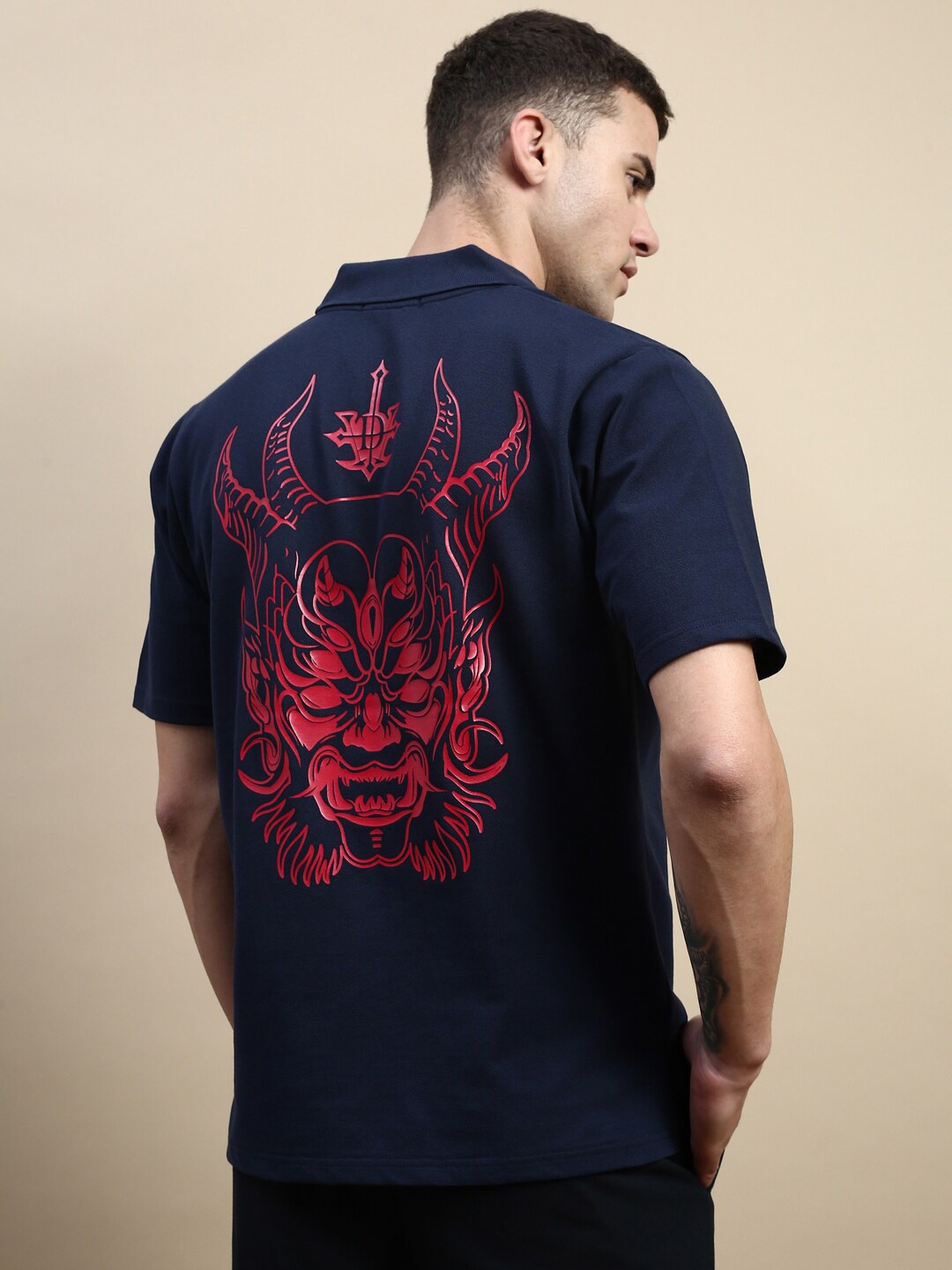 

FREE SOCIETY Graphic Printed Polo Collar Pure Cotton Oversized T-shirt, Navy blue